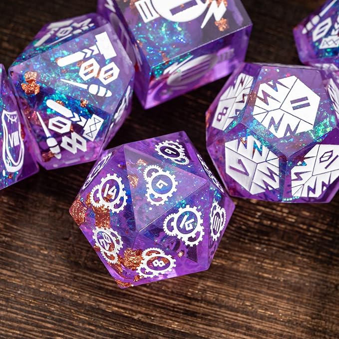 Cusdie Sharp Edges DND Dice, 7 PCs D&D Dice, Handcrafted Polyhedral Dice Set, for Role Playing Game Pathfinder(Purple/Roman Numerals)