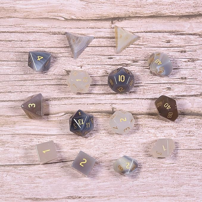 TUMBEELLUWA Engraved Crystal Stone Polyhedral Dice Set for RPG MTG Dungeons and Dragons Table Game 7 Pieces DND Board Game Dices with Pouch, Grey Agate