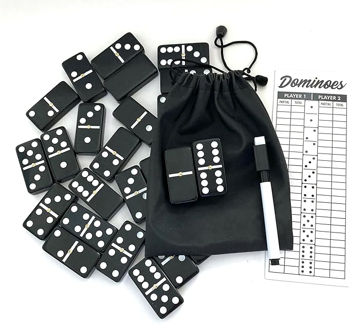PRK 14 Double Six Dominoes Set Large Size with Reuseable Score pad & Pen Comes with Travel-Friendly Storage Bag Domino Set Black Color (02)