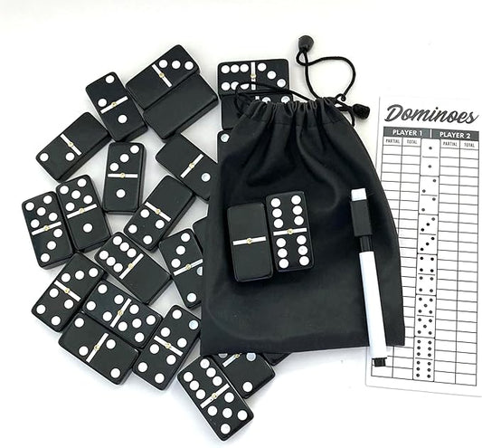 PRK 14 Double Six Dominoes Set Large Size with Reuseable Score pad & Pen Comes with Travel-Friendly Storage Bag Domino Set Black Color (02)