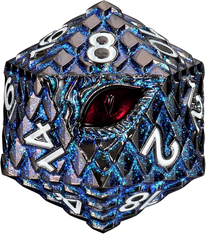Dragon Eye Scale DND Metal Dice,33mm 20 Sided Giant D20, Large Polyhedral Dice, D&D Metal Dice Set for Dungeons and Dragons, RPG, MTG & Tabletop Games(Glitter Blue with Red Eye)
