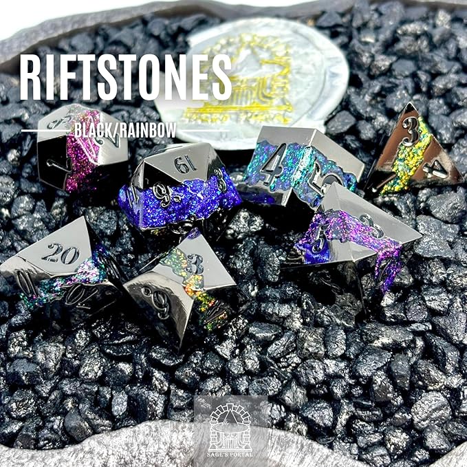 Sage's Portal Metal Riftstone DND Dice 7-PC Polyhedral Dice Set for DND TTRPG Dungeons and Dragons Pathfinder Oversized Designer Dice (Gloss Black/Rainbow)