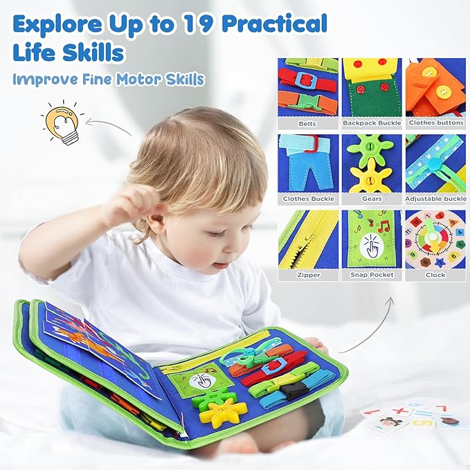 Busy Board for Toddlers Boys Girls Montessori Toys for 1 2 3 4 Year Old, Busy Book Preschool Learning Activities with Alphabet Number, Animal Travel Toys Birthday Gifts for Plane Car Motor Skills