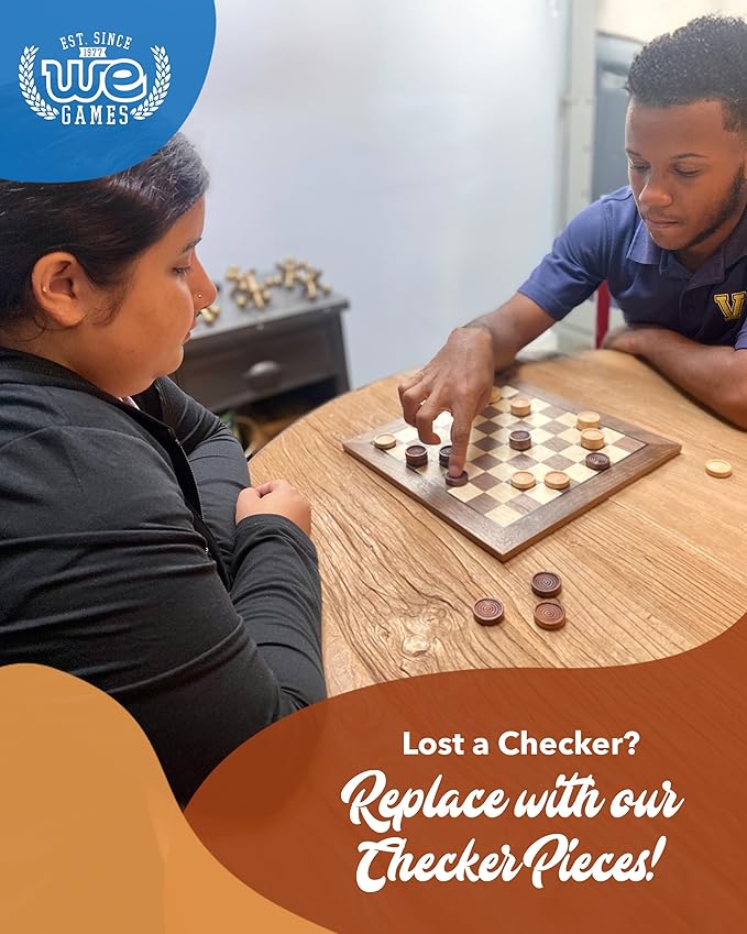 WE Games Wooden Checkers Pieces Only (1.5 inch), Checker Board Game & Backgammon Pieces, 24 Brown and Natural Stained Stackable Ridges with a Drawstring Storage Bag, Replacement Game Piece