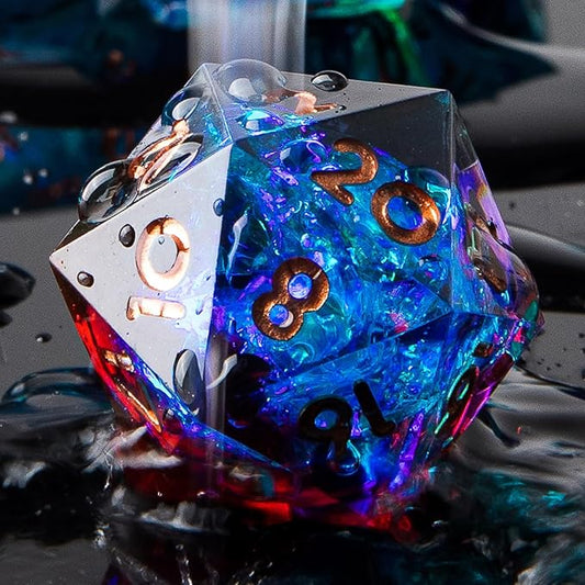 YEMEKO Single D20 Dice - 22mm, 20 Sided D&D Dice for Dungeons and Dragons, DND Dice with Resin Sharp Edge, Handmade Polyhedral for RPG, Roleplaying Games MTG Table Games(Blue Red)