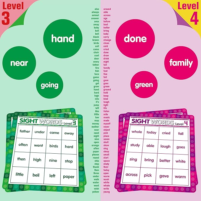 Sight Word Bingo Game, 120 Sight Words Learn to Read Level 3 & Level 4 Bingo Board Game Dolch's & Fry's Words Lists for Kindergarten and Preschool Kids 5+, Perfect for Classroom & at Home