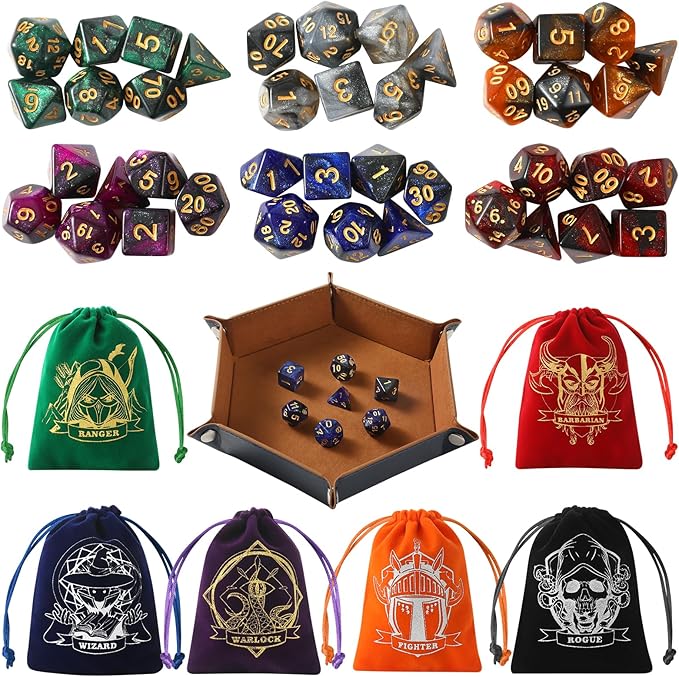 D&D Dice Set with Characters Pattern Dice Pouches, 42 Pcs polyhedral dice Set, PU Leather and Velvet dice Tray for Dungeons and Dragons D&D RPG MTG Table Games Starry Sky