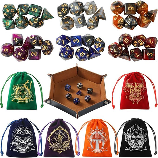 D&D Dice Set with Characters Pattern Dice Pouches, 42 Pcs polyhedral dice Set, PU Leather and Velvet dice Tray for Dungeons and Dragons D&D RPG MTG Table Games Starry Sky