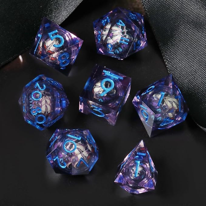 7pcs Skull Resin DND Dice Set Sharp Edged Polyhedral RPG Dice for Dungeons and Dragons, Dragon Eye Gift Bag (Mauve Blue)