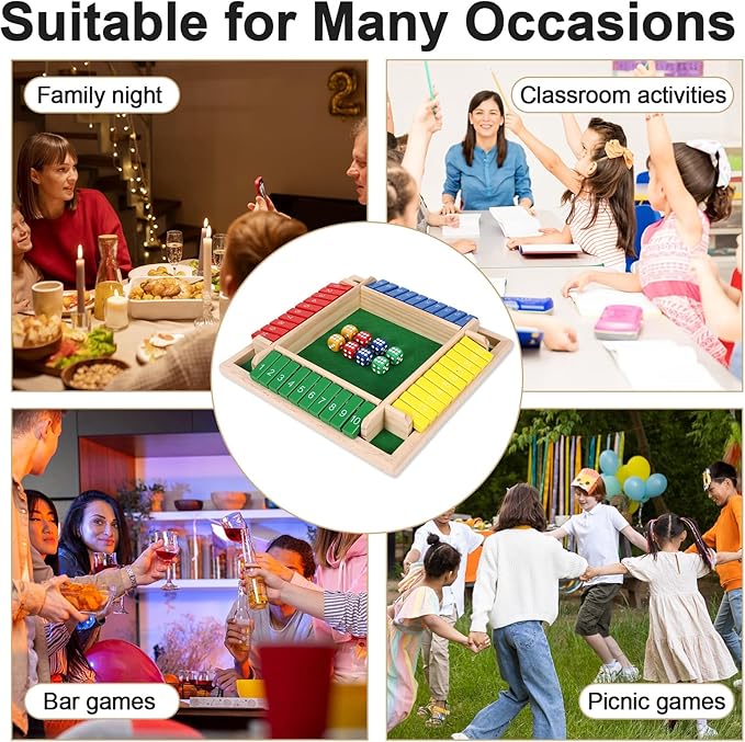 Shut The Box Game, Family Games for Kids and Adults, Classics Tabletop Math Skills Board Game, 2-4 Player Wood Board Shut The Box Dice Dame for Family Night Classroom Home Party and Pub