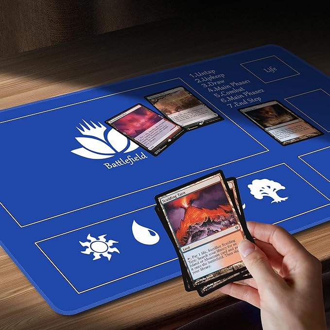 MTG Playmat Stitched with Magic Zone Non-Slip Rubber Backing Printing Commander Board Game Desk Mat Duel Mat TCG PTCG Playmat 24x14 inches and Free Storage Bags (Blue)