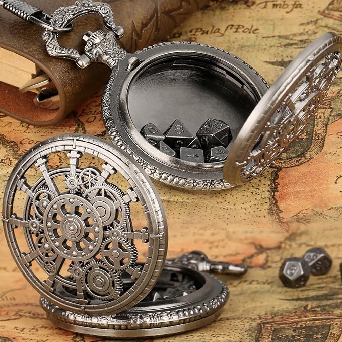 Mini DND Dice Set with Steampunk Dark Silver Hollow Gear Pocket Watch Shell Case, 7pcs Polyhedral Metal D&D Dice, DND Gifts with Gift Box for DND Lovers, Role Playing Board Games Accessories