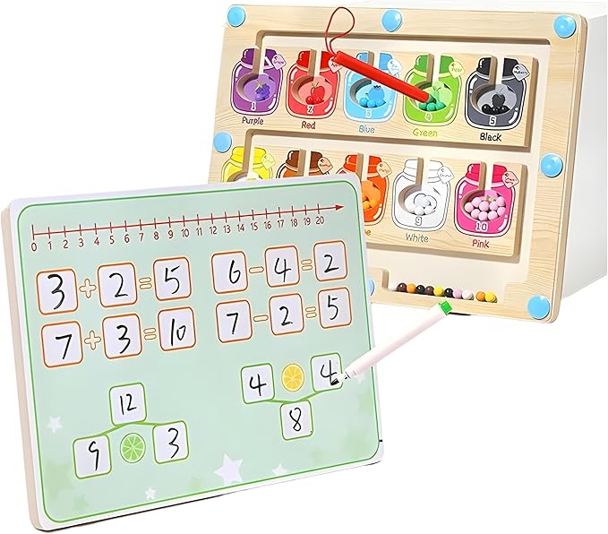 2-in-1 Educational Montessori Wooden Magnetic Board Candy Jars Theme, Double-Sided Number Learning Whiteboard, Color Matching Maze Toys for Kids, Birthday Gift for Kids