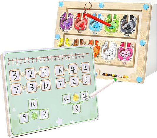 2-in-1 Educational Montessori Wooden Magnetic Board Candy Jars Theme, Double-Sided Number Learning Whiteboard, Color Matching Maze Toys for Kids, Birthday Gift for Kids