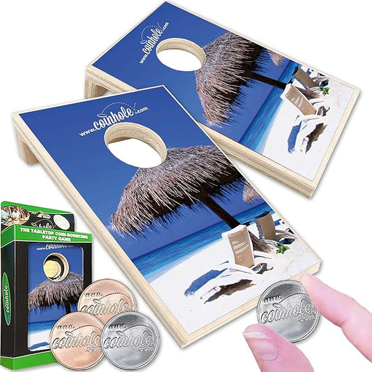 Desktop Coin Bouncing Party Set | Tabletop Cornhole Board | Small Travel Game Includes Coins