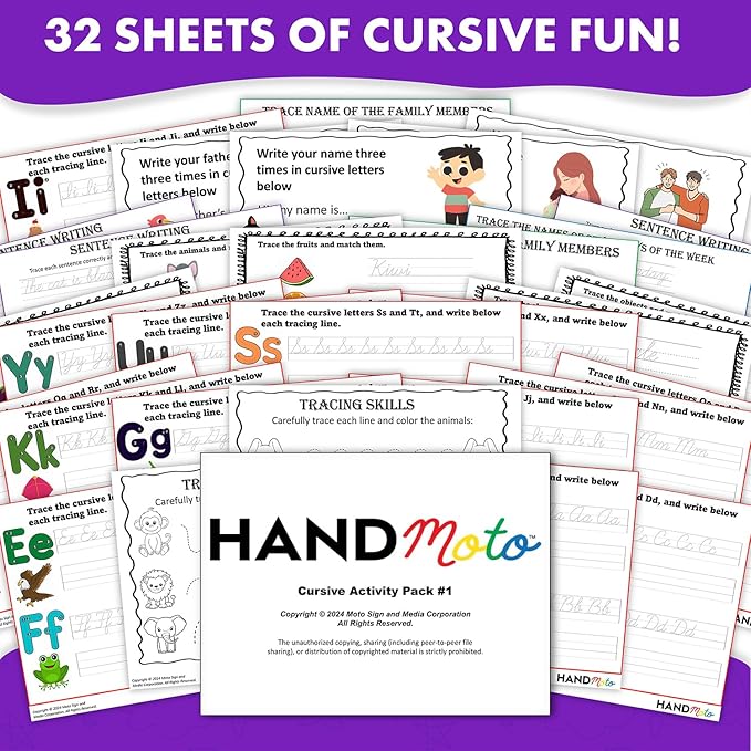 HandMoto Cursive Activity Pack - Easy & Enjoyable Cursive Learning with Whiteboard