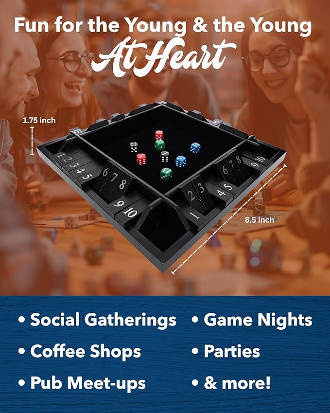 WE Games Shut The Box Wooden Board Game - Classic 4-Player Table Top Math Dice Game, Black Stained Wood, 8.5 in. Travel Size, 10 Numbers, for Families and Adults