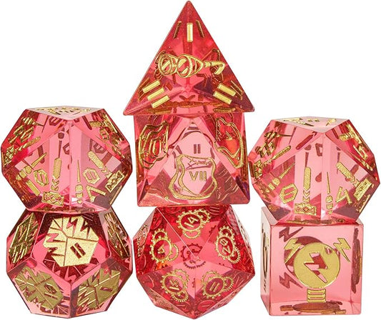 Cusdie Sharp Edges DND Dice, 7 PCs D&D Dice, Handcrafted Polyhedral Dice Set, for Role Playing Game Pathfinder (Red/Roman Numerals)