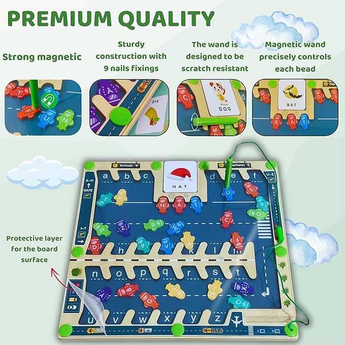 Magnetic Alphabet Maze Board, Montessori Wooden Kids Toys for Ages 3-5, Puzzle Activity Toy, Develop Fine Motor Skills, Ideal Gift for Toddlers (Airport)