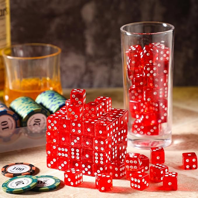 Poen 150 Packs Standard Game Dices Bulk 16mm Acrylic Casino Dice D6 for Board Activities, Birthday Party Supply(Clear Red,Square Corner)