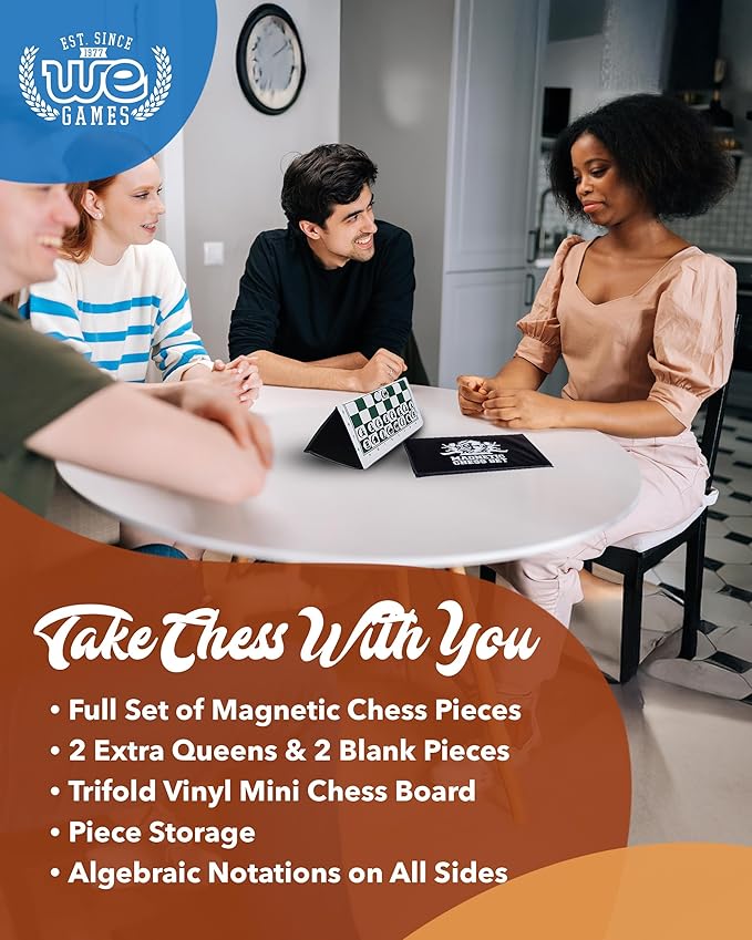 WE Games Mini Magnetic Travel Chess Set – 10-Inch Foldable Board with Durable Vinyl Pieces & Extra Queens– Indoor & Outdoor Magnetic Chess Game - White Logo