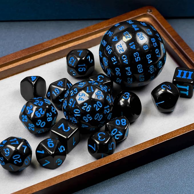 15 Pieces Complete Polyhedral DND Dice Set D3-D100 Spherical D&D Dice Set with Dragon Eye Dice Bag, D100 Dice for Dungeons and Dragons, RPG, MTG Table Games(Black w/Blue Numbers)
