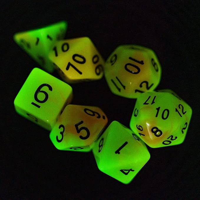 Glow in The Dark DND Dice, 7Pcs Luminous Polyhedral Dice Set with Leather Dice Bag, Glowing D&D Dice for Dungeons and Dragons, RPG, MTG Table Games(Yellow Orange)