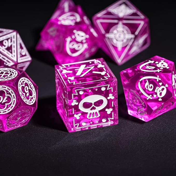 Cusdie 7-Piece Sharp Edges DND Dice Set with Pirate Design - Perfect for Tabletop RPGs Board Games Gifting and Collecting(Rose Red w/White Pirate Pattern)