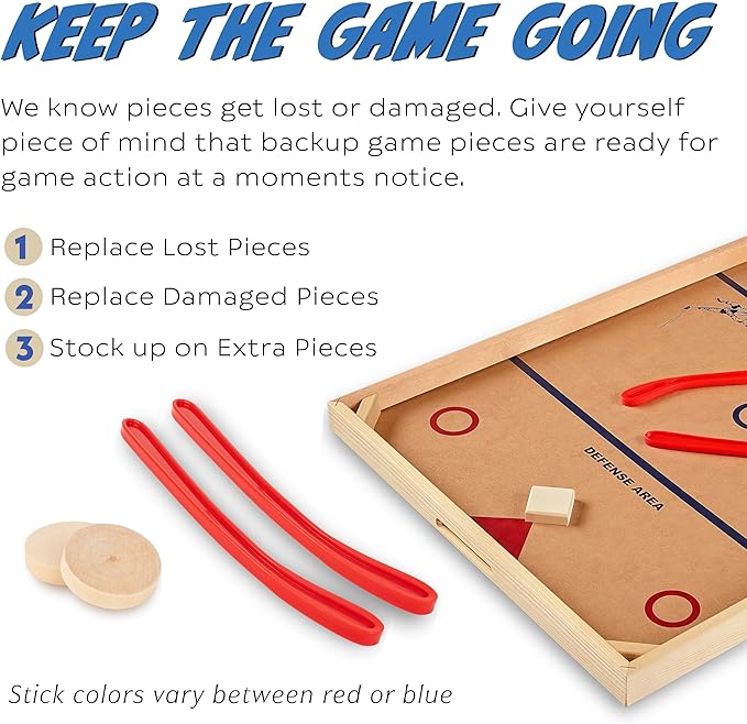 Replacement Sticks & Pucks for Classic Wooden Tabletop Hockey Games – Set of 2 Sticks & 2 Pucks, Extra Accessories for Board Games for Kids & Adults