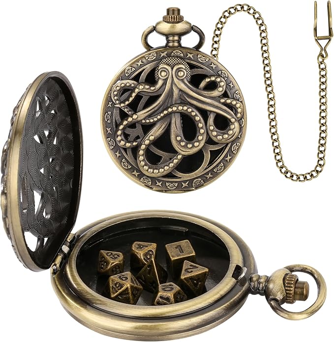 Mini DND Dice Set Steampunk Hollow Octopus Pocket Watch Shell Case, 7pcs Polyhedral Metal D&D Dice Set, DND Gifts with Gift Box for Player, Role Playing Board Games Accessories, Bronze