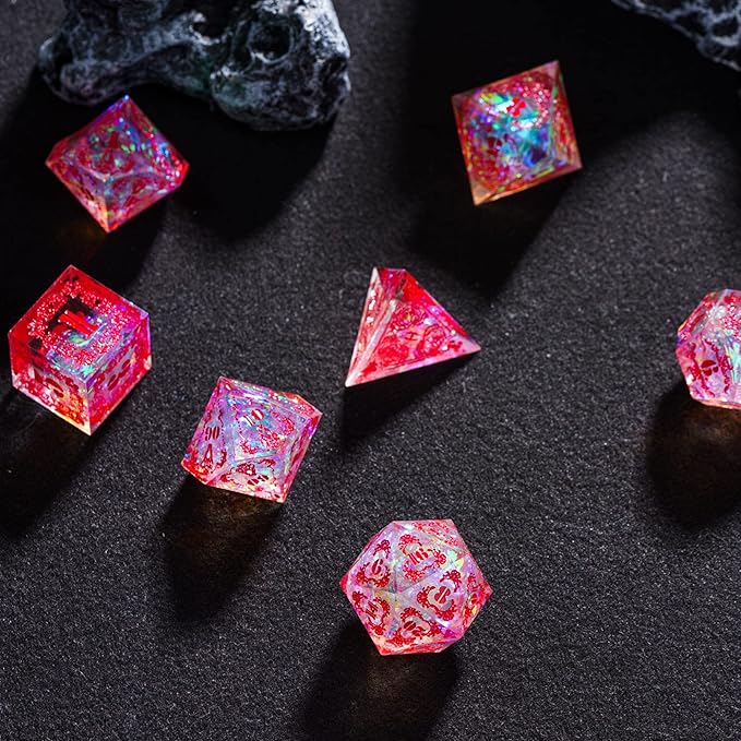 Cusdie DND Dice Set Handmade 7PCs Sharp Edge Dice, D&D Dice Set Unique with Patterns and Glitter Foil Inclusions Polyhedral Dice Set for Dungeons and Dragons RPG Table Games(Flower&Skull-R)