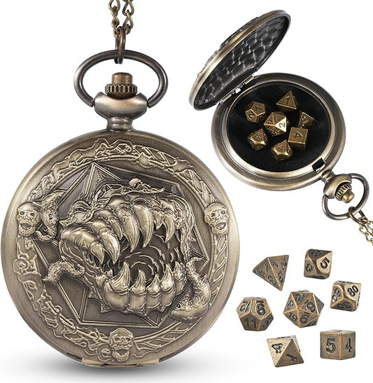 D&D Dice Set,7PCS Metal Dice for Dungeons and Dragons,Mini Dice Set with Pocket Watch Case,Role Playing Board Games Accessories (Monster, Bronze)