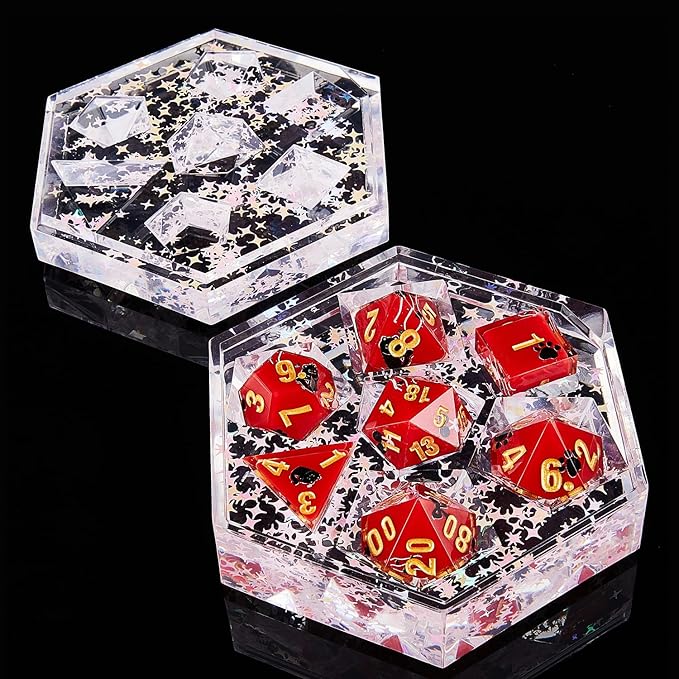 DND Dice Set Polyhedral, IDTQ Dungeons and Dragons Purple Dice Set RPG MTG Table Games 7-Die Resin Sharp with Acrylic Starlight Accent Box (Cats-Red)