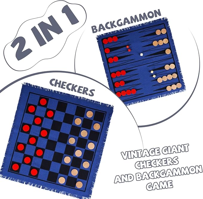 2-in-1 Vintage Giant Backgammon Game and Checkers– 26" Outdoor Yard Board Game with 30 Wooden Checkers & 5 Dice – Jumbo Backgammon Set Backyard Game for Family Lawn Games, Outdoor & Indoor Play