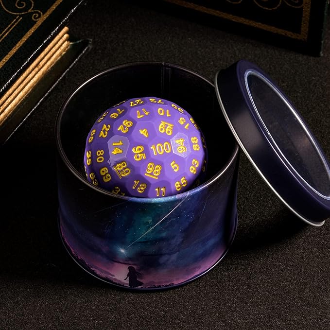 Upgraded D100 Dice, Single 100 Sided Polyhedral Dice D100 Die 50mm, D&D Dice D100 Game Dice, 100 Sided Cube with Metal Storage Tin(Purple/Yellow Font)