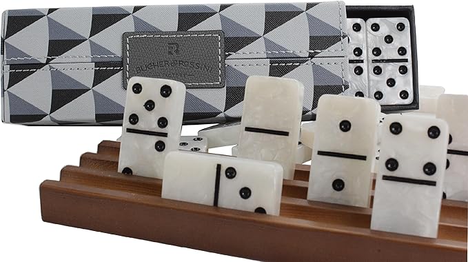 Dominos Set for Adults, Double 6 Domino Set, 28 Jumbo Marbleized White Tiles, Dominoes Set for Adults and Kids - Classic Board Games for Family & Travel (in Rhomb Pattern Leather Case)