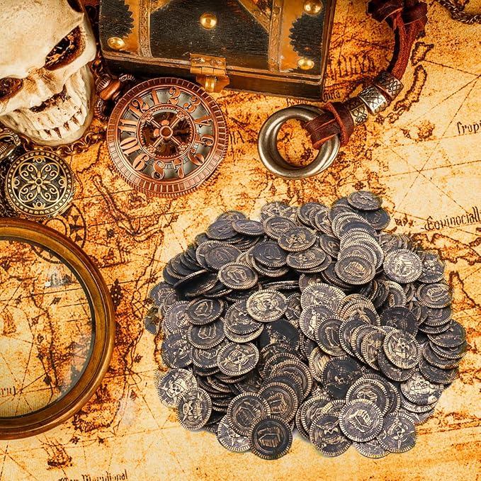 100 Pieces Plastic Pirate Gold Coins Set, Brown - Play Treasure Gold Coins for Pirate Themed Party, St. Patrick's Day, Treasure Hunt Game, Halloween and Christmas Decorations…