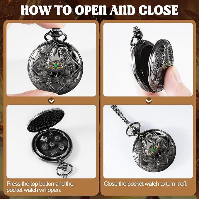 D&D Dice Set,7PCS Metal Dice for Dungeons and Dragons,Mini Dice Set with Pocket Watch Case,Role Playing Board Games Accessories (Wizard, Black)