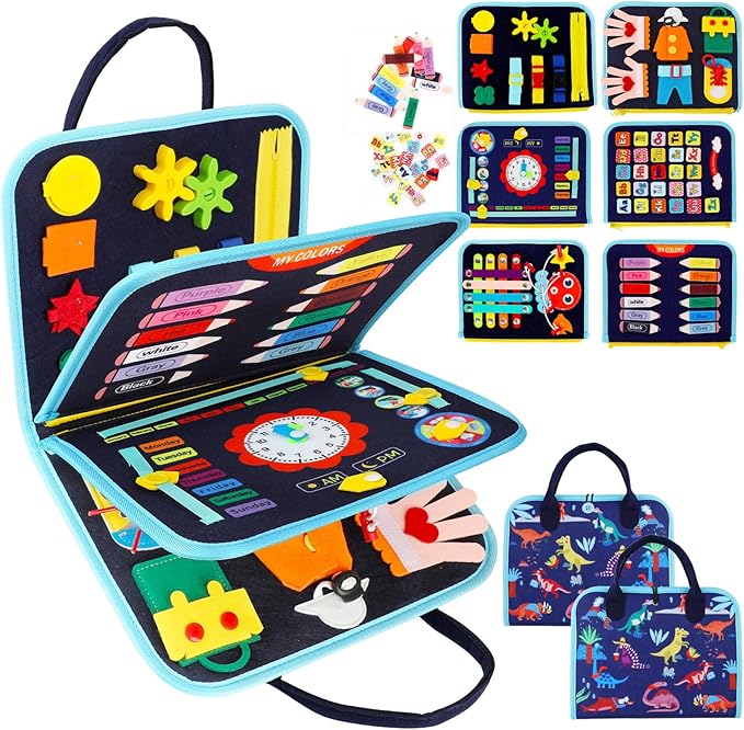 Satisure Toddler Busy Board, Busy Board Montessori Toy for 2 3 4 Year Old, Toddler Activity Book Travel Toys for Preschool Sensory Busy Activities Learning Busy Toy,Gift for Boys Girls Dinosaur