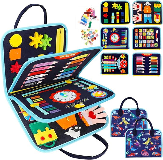 Satisure Toddler Busy Board, Busy Board Montessori Toy for 2 3 4 Year Old, Toddler Activity Book Travel Toys for Preschool Sensory Busy Activities Learning Busy Toy,Gift for Boys Girls Dinosaur
