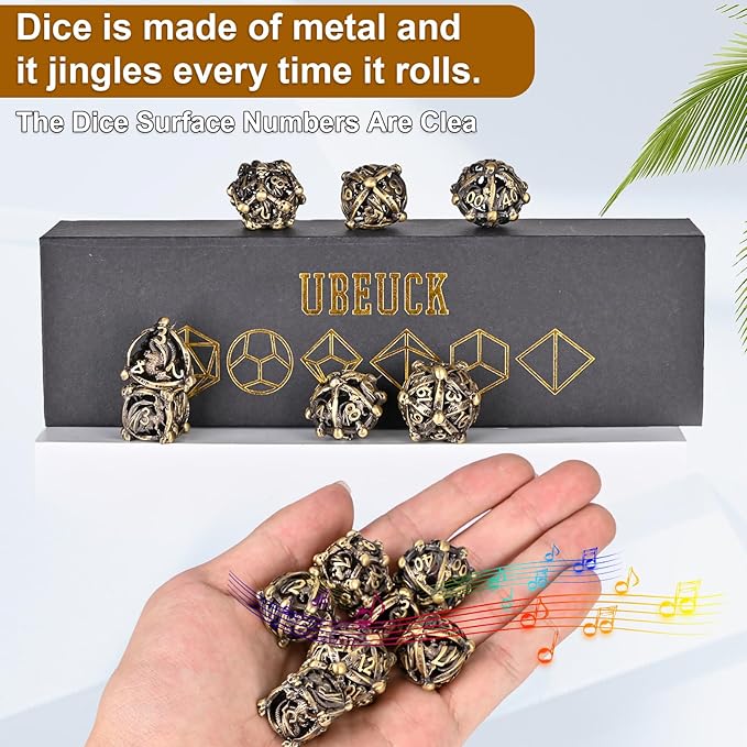DND Metal Dice Set, UBEUCK 7PCS Gear Metal DND Dice Set for Dungeons & Dragons Board Games Boxes (Bronze dice)