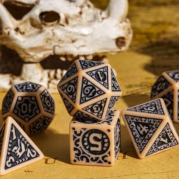 7-Die DND Dice Set New Pattern Polyhedral Dice Set with Leather Bag D&D Dice Set for Dungeons and Dragons RPG MTG Table Games(Brown Black)