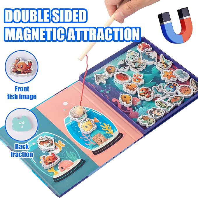Magnetic Fishing Game for Toddlers -Travel Toys 3-5 Airplane Essentials - Mess-Free Camping & Car Trip Activity - Wooden Learning Toy with 27 Fish