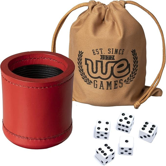 WE Games Professional Handmade Red Leather Dice Cup Set, Comes with 5 Standard Game Dice & Cloth Bag, Dice Roller for Liars Dice Farkle & Board Games, Durable Stitched Dice Cups