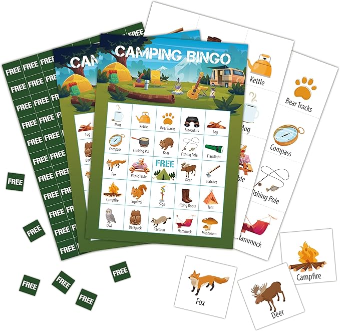 Camping Bingo Cards, Camp Bingo Games for 24 Players, Camp Adventure Games for Family Friends Large Group Activities, Hike Field Trip Holiday Party Favors Supplies Decorations(24)