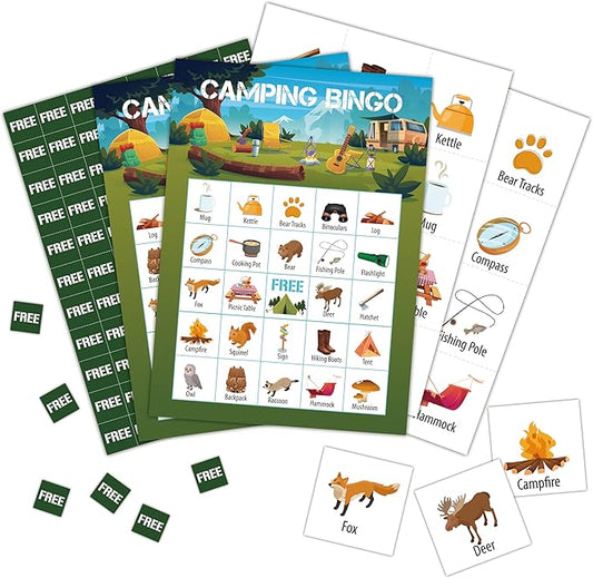 Camping Bingo Cards, Camp Bingo Games for 24 Players, Camp Adventure Games for Family Friends Large Group Activities, Hike Field Trip Holiday Party Favors Supplies Decorations(24)