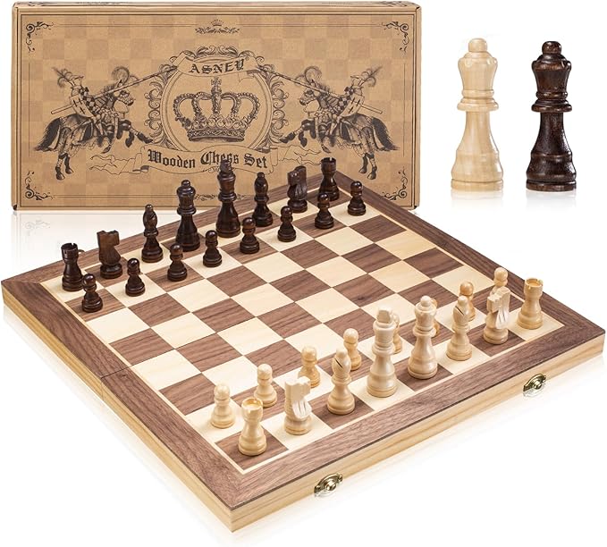 ASNEY Upgraded Magnetic Chess Set, 15" Tournament Staunton Wooden Chess Board Game Set with Magnets, Crafted Chesspiece ans Storage Slots for Kids Adult, Includes Extra Queens