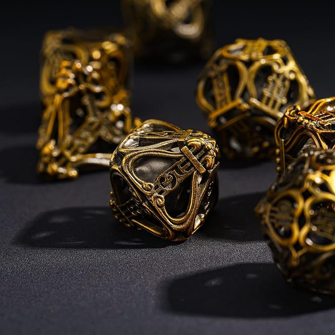 Cusdie 7-Die Metal Dice Set - Hollow Design with Bells - Crisp Sounding Gaming Dice in Tin Box - Perfect for Tabletop RPGs & Board Games(Ancient Gold)