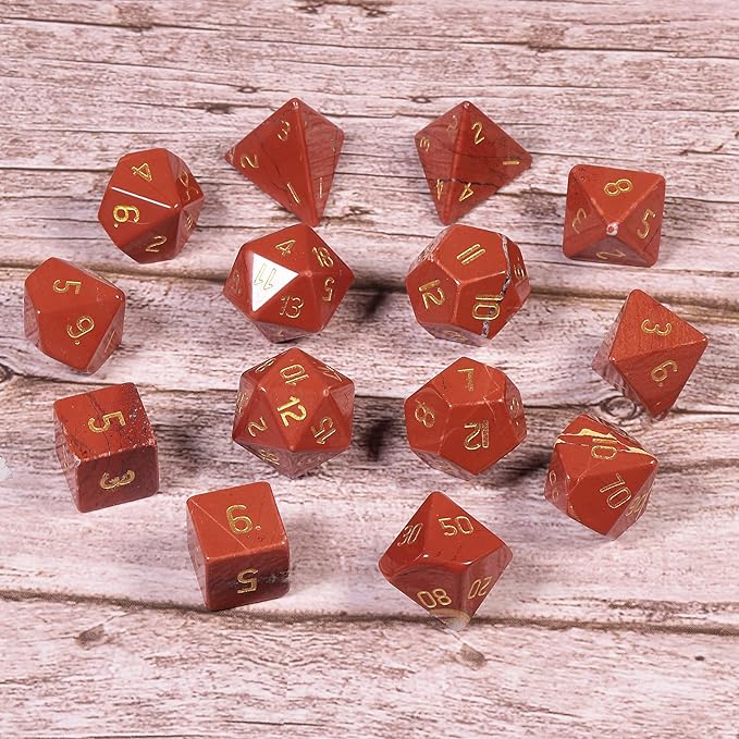 TUMBEELLUWA Engraved Crystal Stone Polyhedral Dice Set for RPG MTG Dungeons and Dragons Table Game 7 Pieces DND Board Game Dices with Pouch, Red Jasper