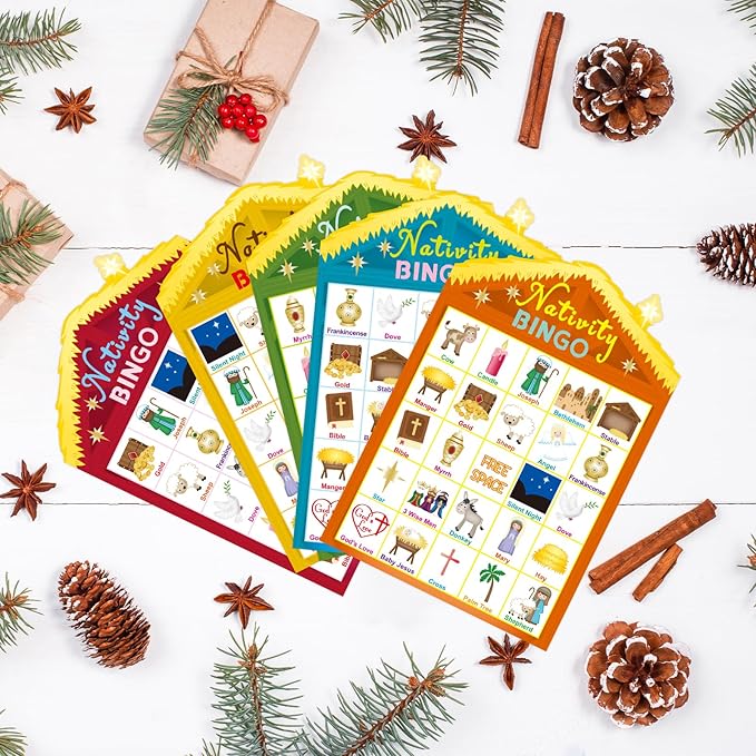 Fancy Land Nativity Bingo Game for Kids 24 Players Christmas Stable House Christain Bingo Game Holiday Religious Party Activities VBS